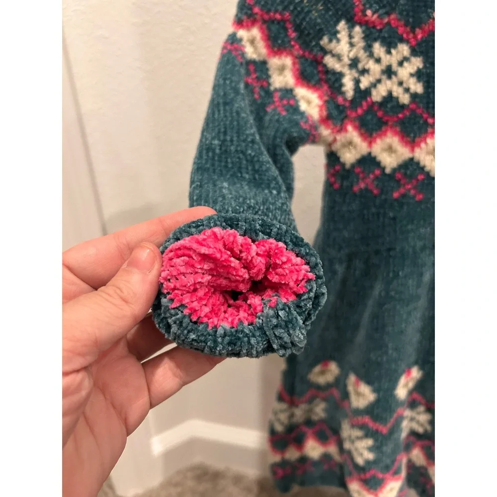 Girls Teal Fair Isle Snowflake Knit Sweater Dress Long Sleeve‎ Size 3T